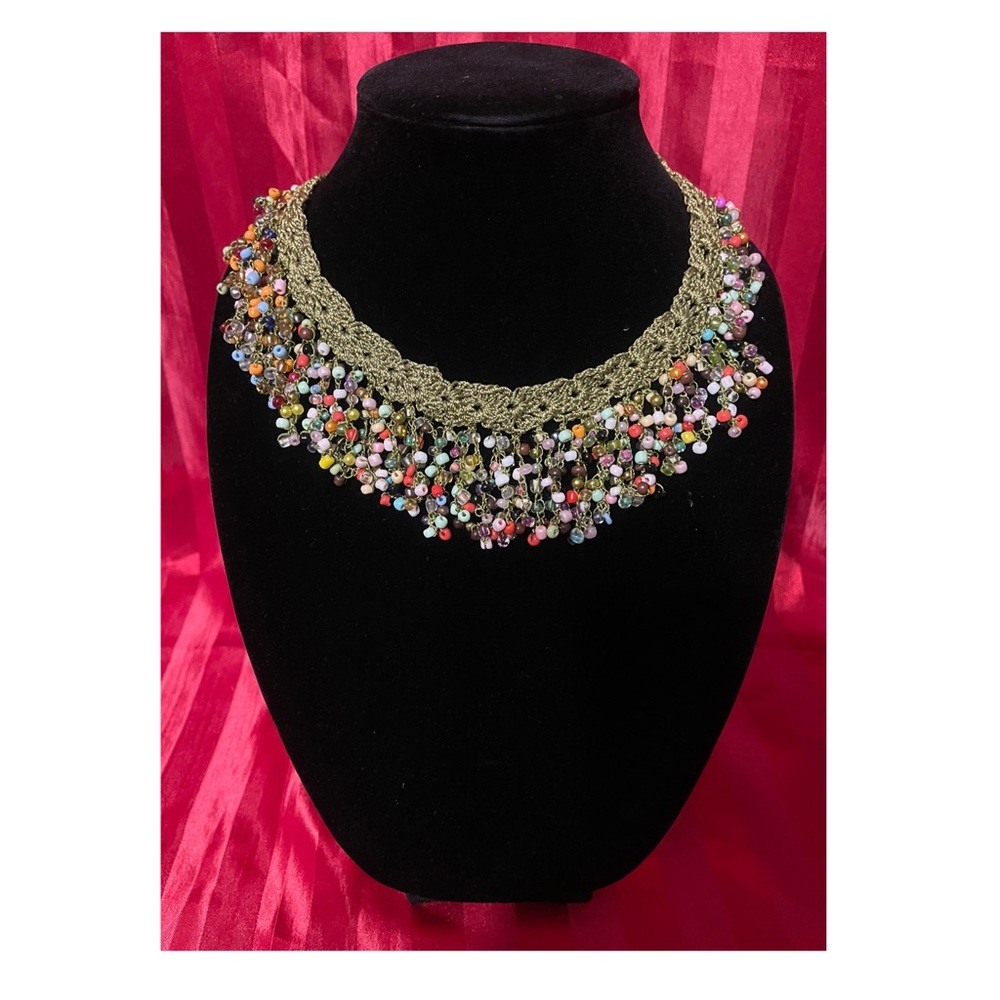 Multicolor Beaded Crocheted Fringe Statement Necklace - Women Jewelry